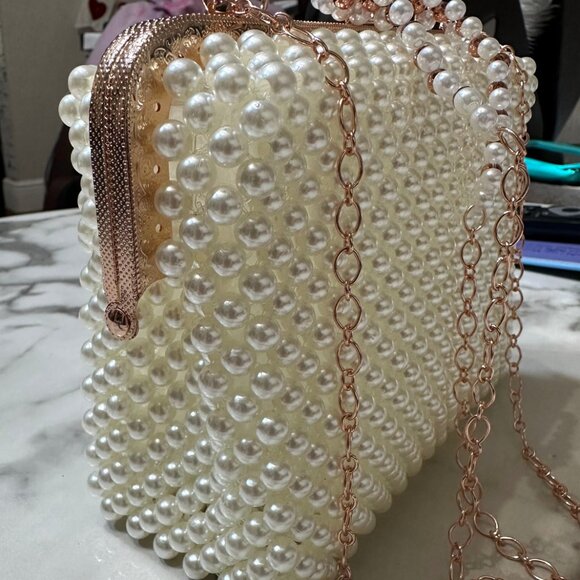 Pearl Beaded Clutch Bag with Rose Gold Chain | Elegant Wedding Purse Evening Han - Picture 4 of 8